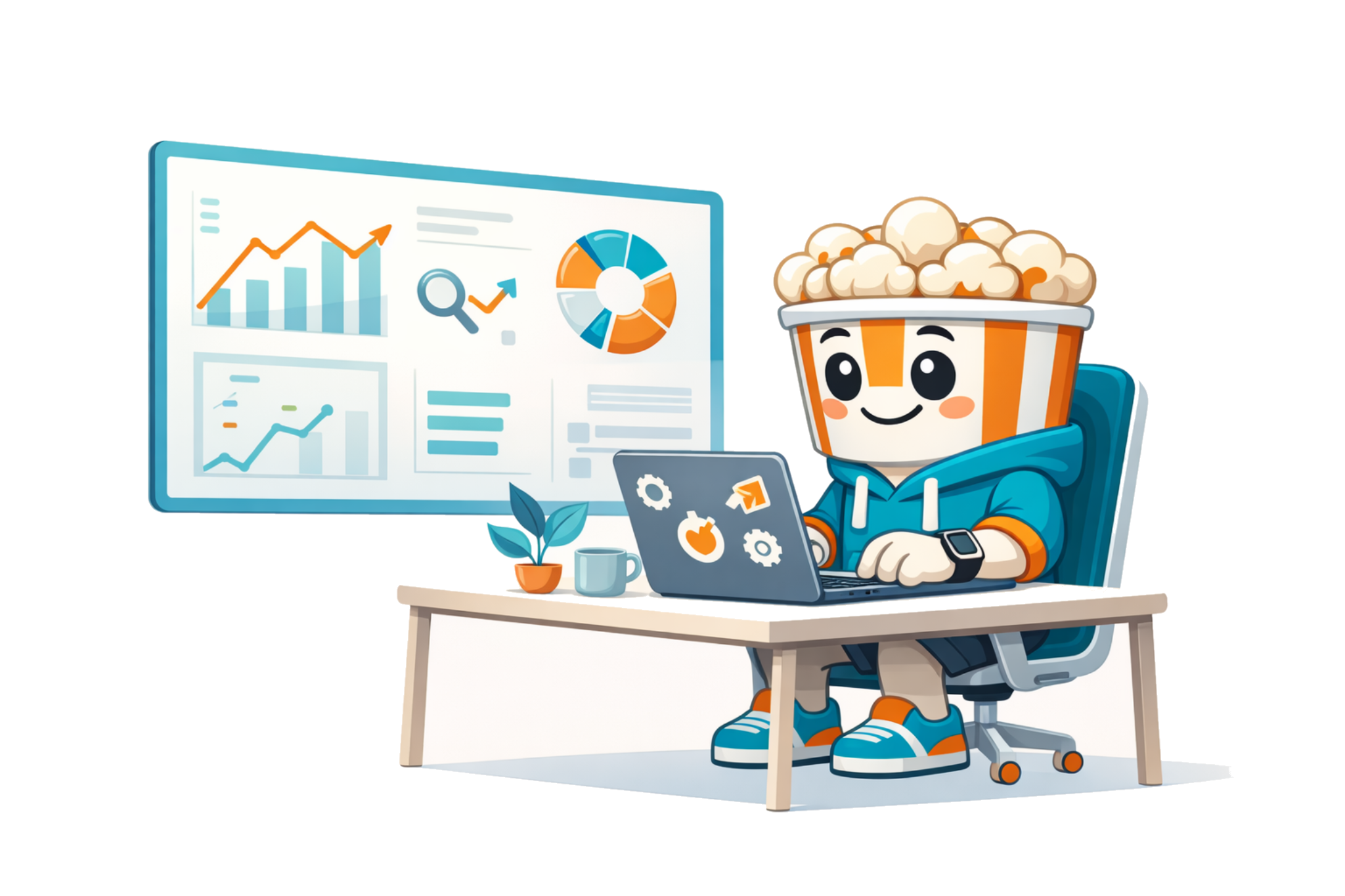 Mascotte Popcorn SEO devant un dashboard analytics